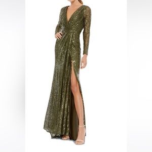 Mac Duggal Sequin Long Sleeve Faux Wrap Gown